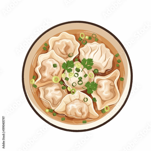 A top-down view of a bowl of delicious Asian dumplings in a savory broth, garnished with fresh green onions and cilantro.