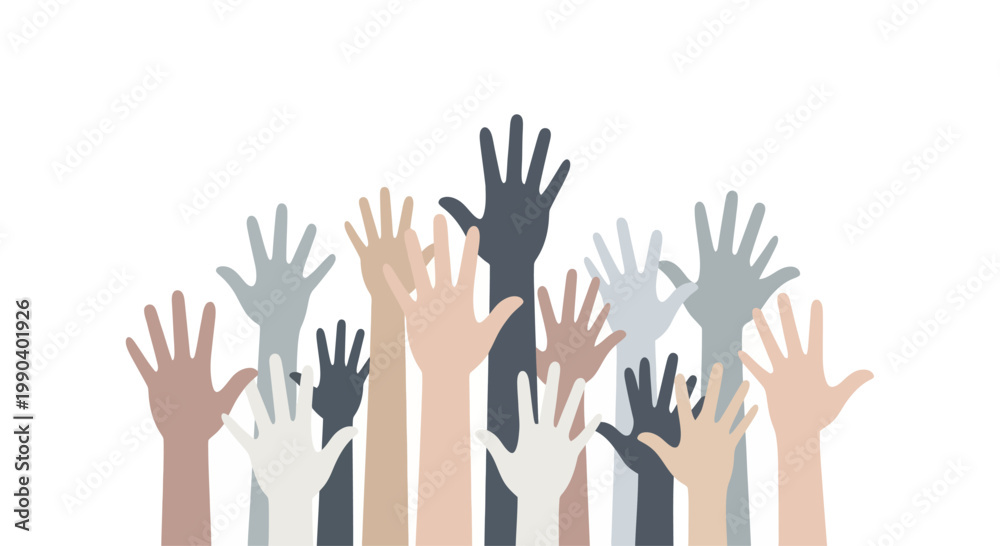 Fototapeta premium Diverse hands raised in solidarity together.