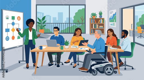 Diverse professional team collaborating in a modern office meeting with a woman presenting a flowchart on a whiteboard