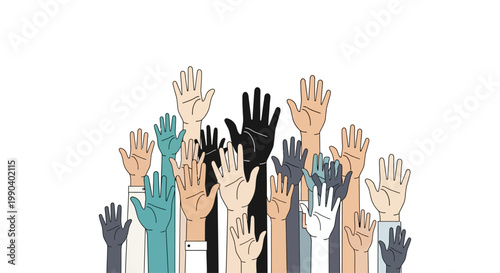 Diverse hands raised in solidarity together.