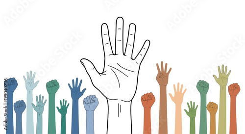 Diverse hands raised in solidarity together.
