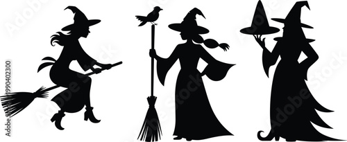 Halloween witch silhouettes set, spooky female characters with broom and hat, fantasy vector illustration isolated background