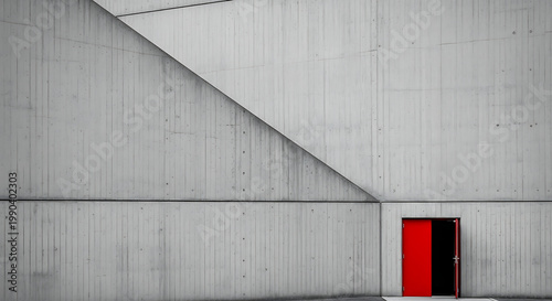 Striking red and black door against a backdrop of modern minimalist concrete architecture with strong diagonal lines, creating an abstract and contemporary visual