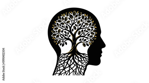 Human head silhouette with detailed tree of life inside brain symbolizing wisdom and interconnectedness on isolated white background