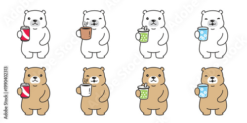Bear polar cartoon icon drinking water coffee boba milk tea soda can vector doll character symbol teddy illustration isolated design