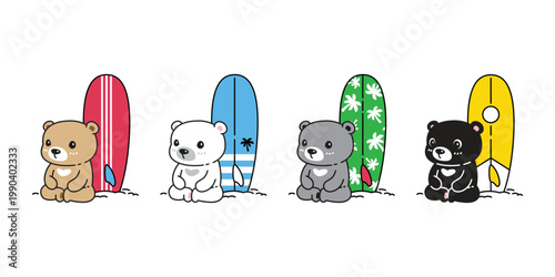 Bear polar cartoon icon sitting surfboard surf sport beach ocean summer vector doll character symbol teddy illustration isolated design