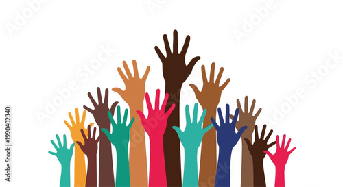 Diverse hands raised in unity together.