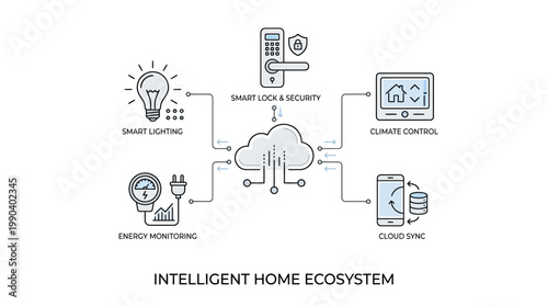 Intelligent home ecosystem detailed diagram with smart devices and cloud sync on isolated white background