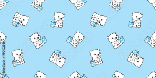 bear seamless pattern polar bear drink water sitting cartoon vector doodle teddy tile background gift wrapping paper scarf isolated repeat wallpaper illustration design