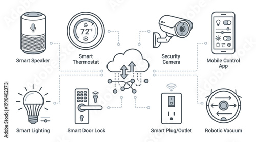 Intelligent home ecosystem outline icons connecting smart devices on isolated white background