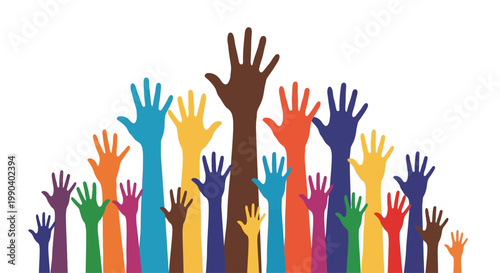 Diverse hands raised in unity.