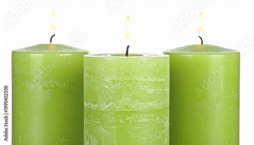 Green Candles Lit Flames White Background Relaxation Decorative Visuals