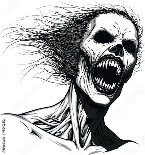 Screaming zombie head with exposed skin and sharp teeth monster skull