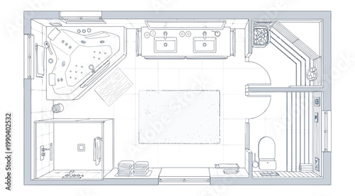Top view of a modern bathroom floor plan with sauna, jacuzzi, and double vanity