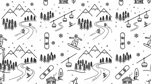 Winter Ski Resort Mountain Landscape Seamless Pattern with Skiers and Snowboarders, isolated white background
