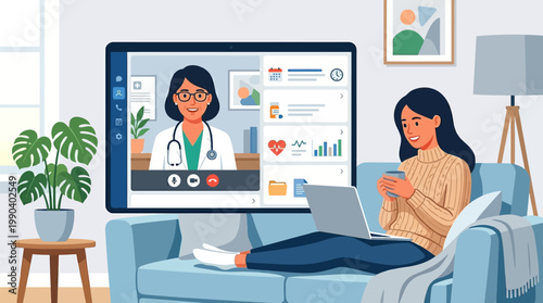 Young woman sitting on a sofa having a telemedicine video consultation with a professional female doctor on a large screen.