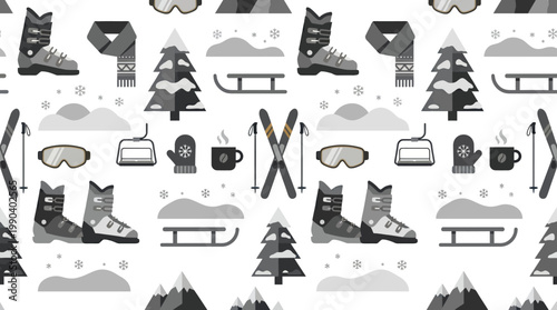 Winter Sports Equipment and Cozy Elements Seamless Pattern, isolated white background