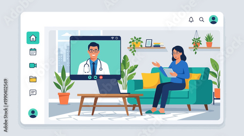 Telemedicine concept illustration showing a female patient consulting with a male doctor online through a digital healthcare platform interface at home