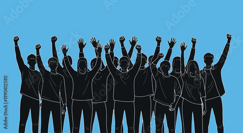 Group of people raising fists up.