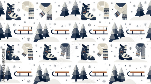 Seamless pattern of cozy winter elements featuring boots, scarves, sleds, and pine trees on a light background.