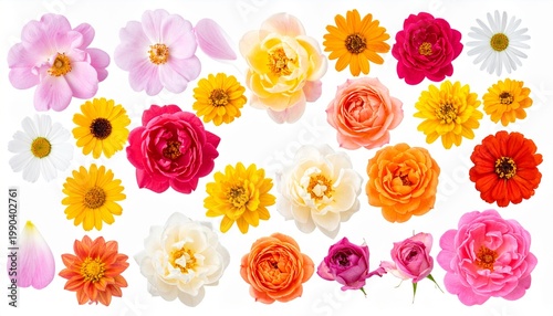 Colorful Flowers Roses Dahlias Sunflowers Daisies White Background Botanical Visuals