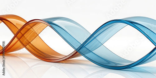 3D abstract two luminous, intertwined ribbons of molten glass orange and cyan flowing in dynamic spiral against beige background for luxury branding, digital art installations.