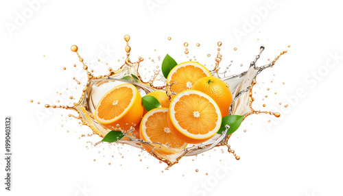 Juicy oranges with splashing juice.