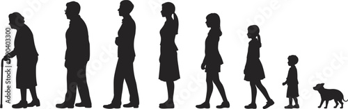 Human life cycle silhouettes, aging stages from child to elderly, people growth timeline vector illustration isolated background