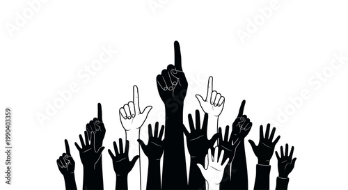 Many hands pointing up together high.