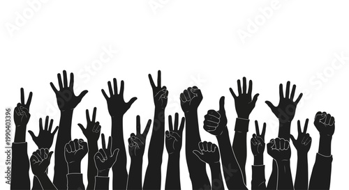 Many hands raised in solidarity gesture.