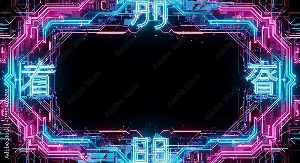 Obraz premium An abstract technology background featuring a blue printed circuit board pattern with a digital processor chip and central copy space for electronic hardware engineering design