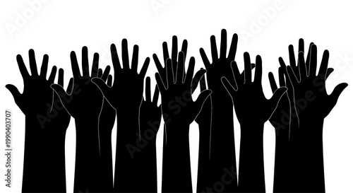 Many hands raised up together high.