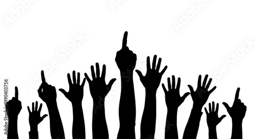 Many hands raised with one finger.