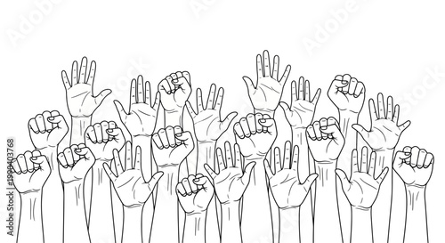 Many hands raised up together strong.