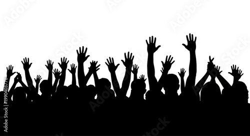 Many people raising hands up high.