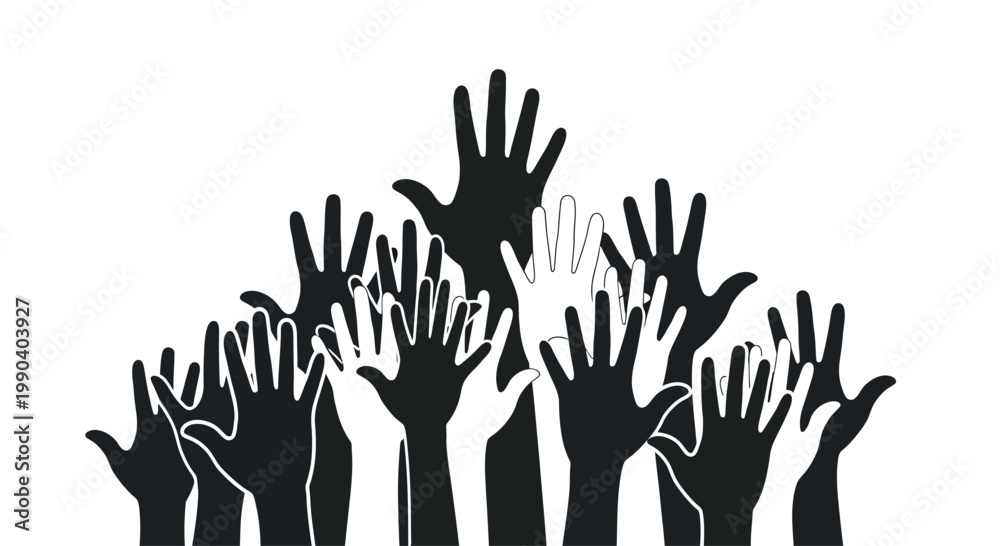 Fototapeta premium Many raised hands in silhouette.
