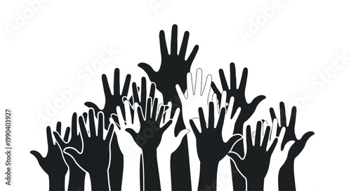 Many raised hands in silhouette.