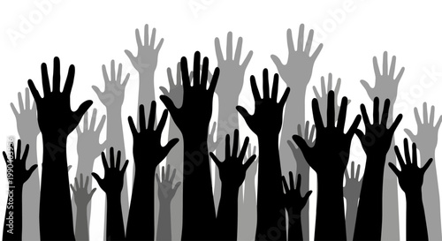 Many raised hands in silhouette crowd.