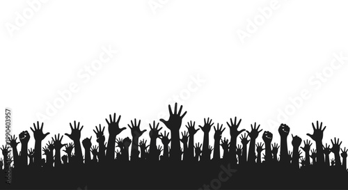 Many raised hands in silhouette crowd.