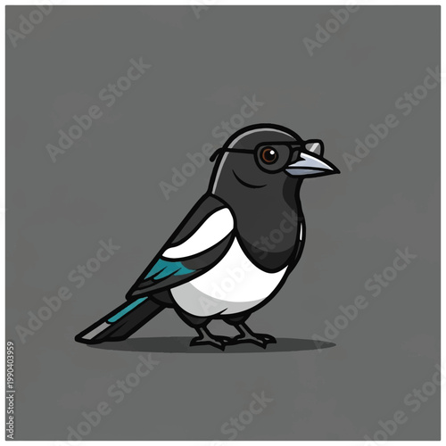 Cartoon Magpie Bird Standing Profile View.
