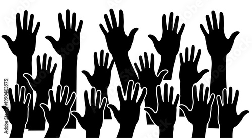 Many raised hands in silhouette.