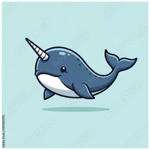Cartoon Narwhal Swimming in Water.