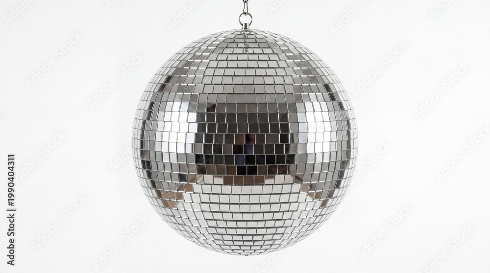Obraz premium A shiny silver disco ball with many small reflective mirrors for creating light effects in a room