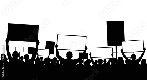 People protesting with blank signs raised.