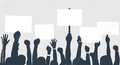 People protesting with raised hands signs.