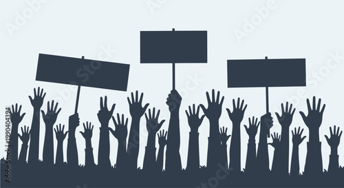People protesting with raised hands signs.