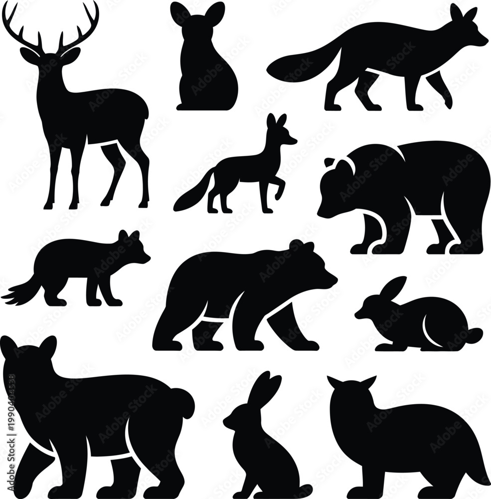 Fototapeta premium Wild animal black silhouette set in stylized cartoon theme