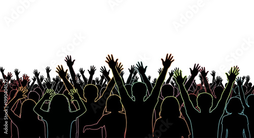 People raising hands in celebration crowd.