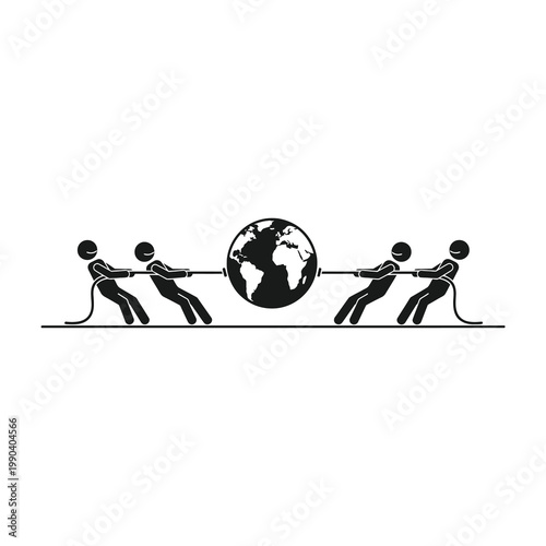 Global tug of war with earth globe and people pulling rope
