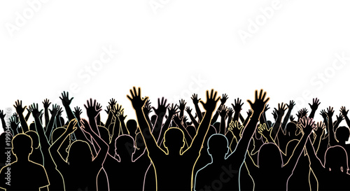 People raising hands in celebration crowd.